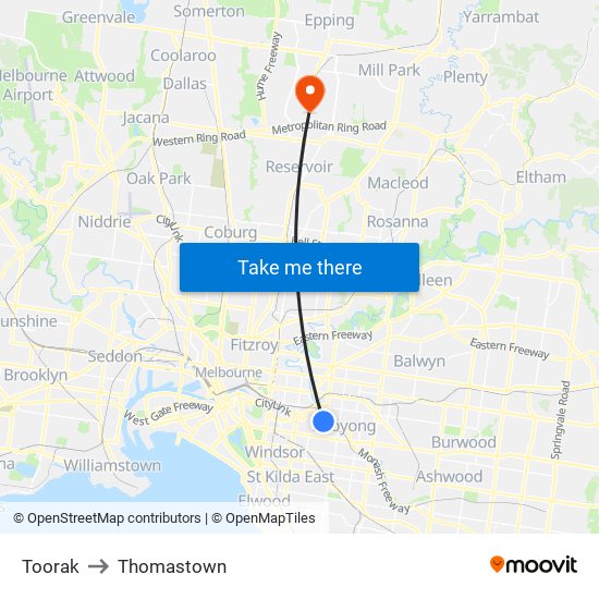 Toorak to Thomastown map
