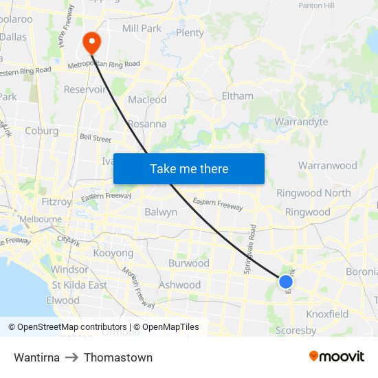 Wantirna to Thomastown map