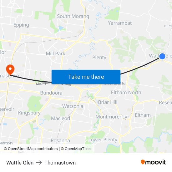 Wattle Glen to Thomastown map