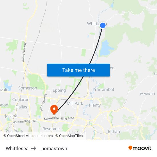 Whittlesea to Thomastown map