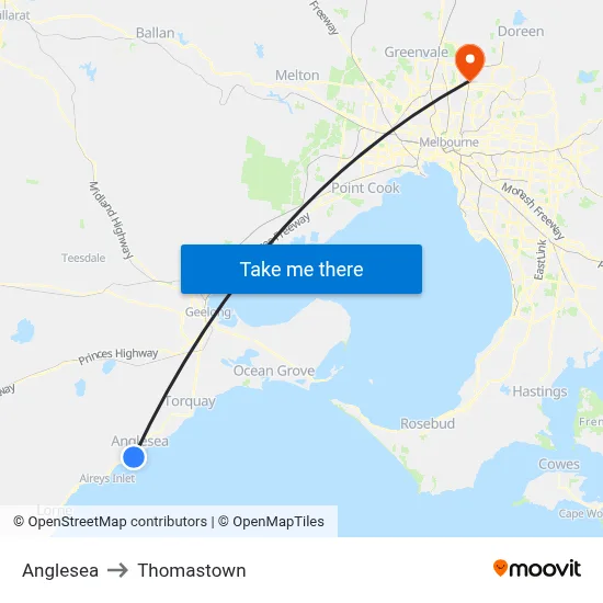 Anglesea to Thomastown map