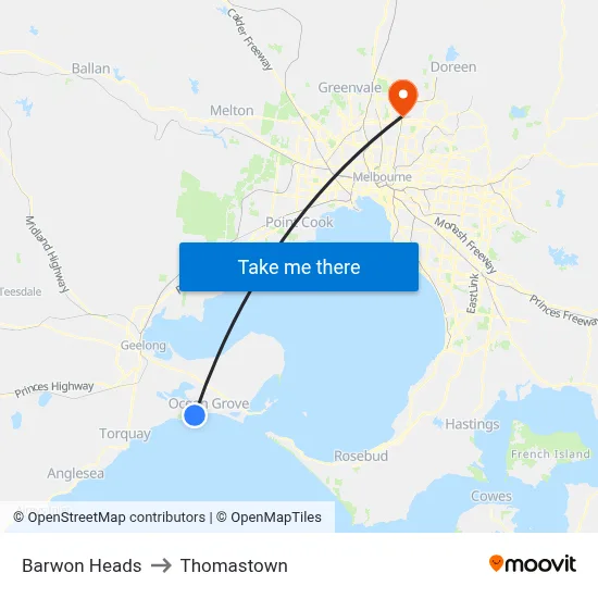 Barwon Heads to Thomastown map