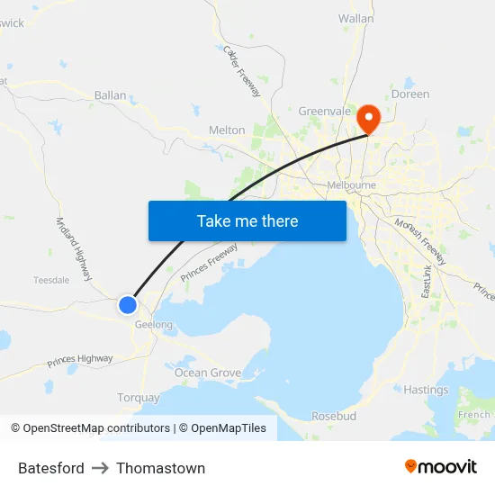 Batesford to Thomastown map
