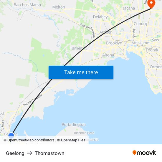 Geelong to Thomastown map