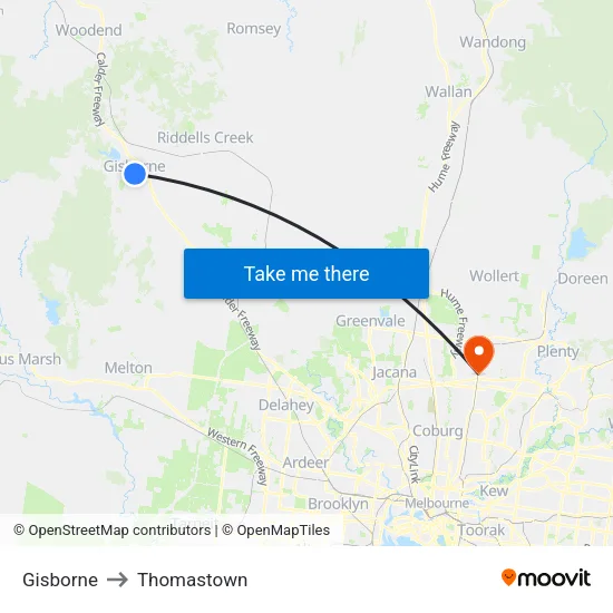 Gisborne to Thomastown map