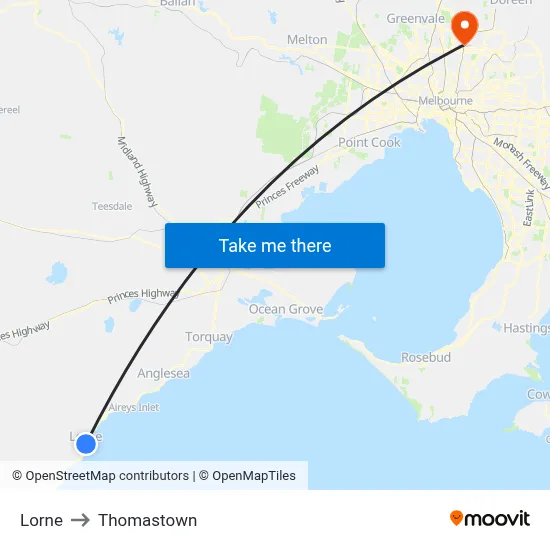Lorne to Thomastown map