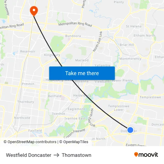 Westfield Doncaster to Thomastown map