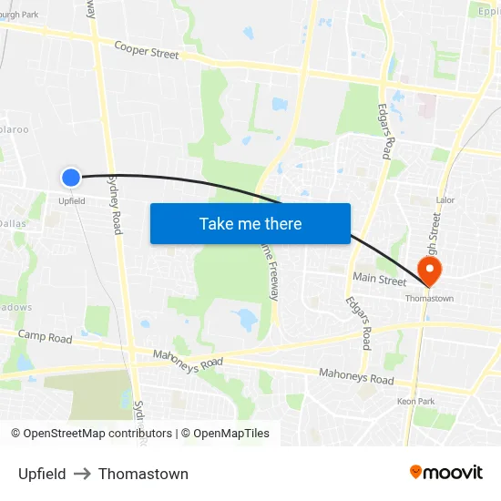 Upfield to Thomastown map