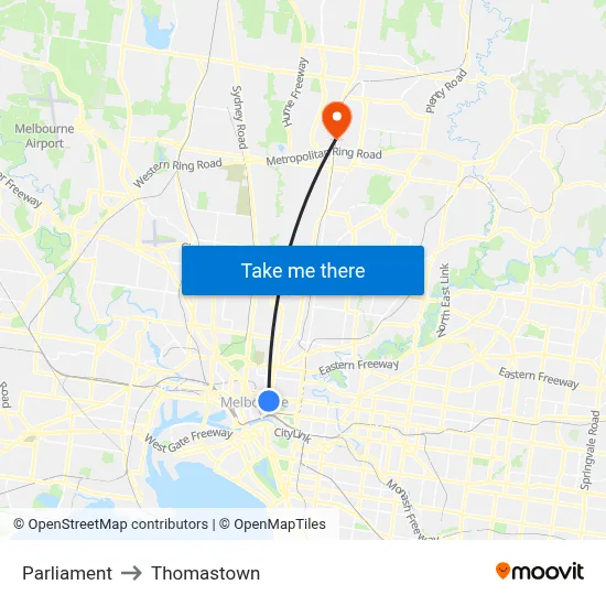Parliament to Thomastown map