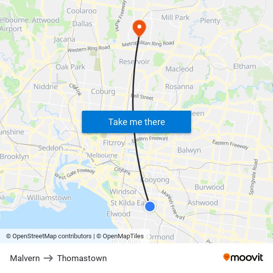 Malvern to Thomastown map