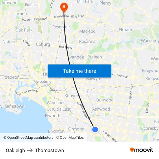 Oakleigh to Thomastown map