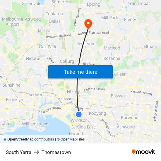 South Yarra to Thomastown map