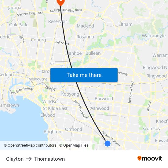 Clayton to Thomastown map