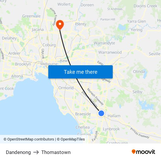 Dandenong to Thomastown map