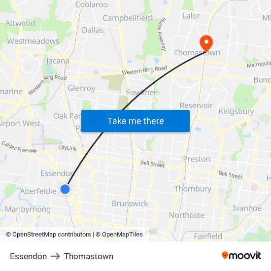 Essendon to Thomastown map