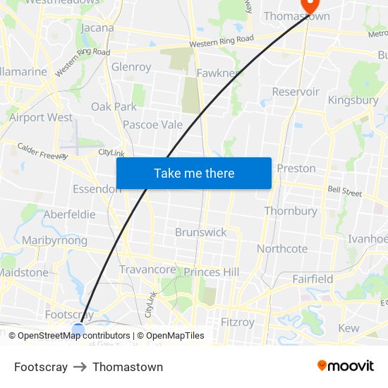 Footscray to Thomastown map