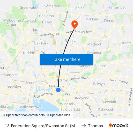 13-Federation Square/Swanston St (Melbourne City) to Thomastown map