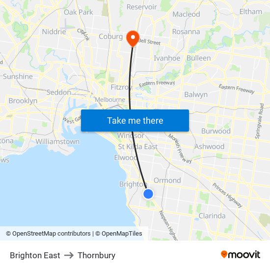 Brighton East to Thornbury map