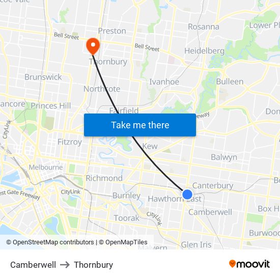 Camberwell to Thornbury map