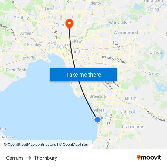 Carrum to Thornbury map