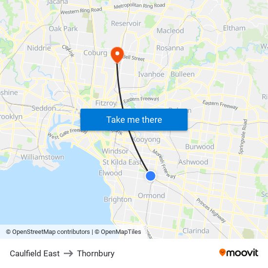 Caulfield East to Thornbury map