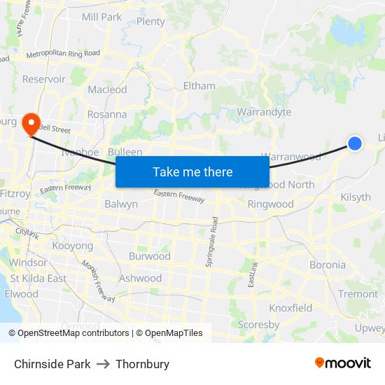 Chirnside Park to Thornbury map