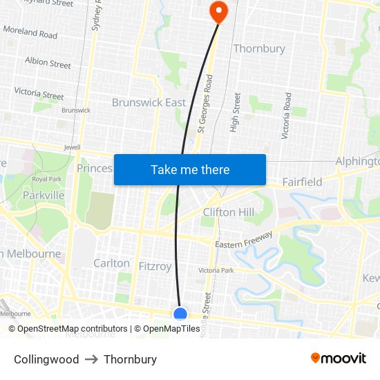 Collingwood to Thornbury map