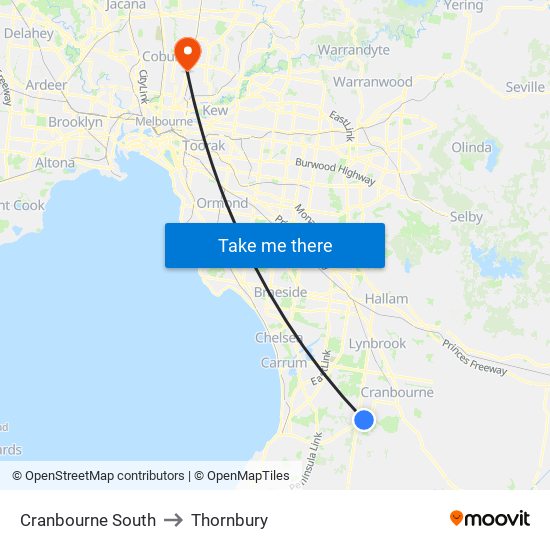 Cranbourne South to Thornbury map