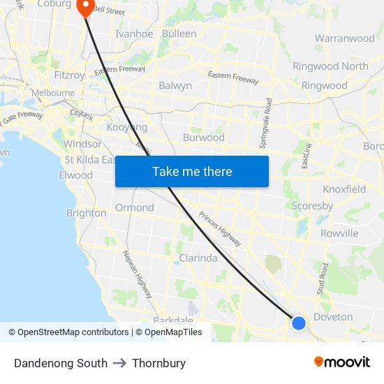 Dandenong South to Thornbury map