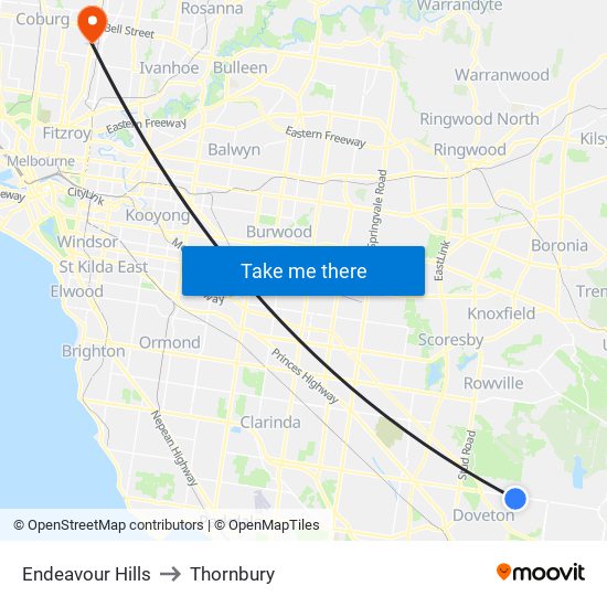 Endeavour Hills to Thornbury map