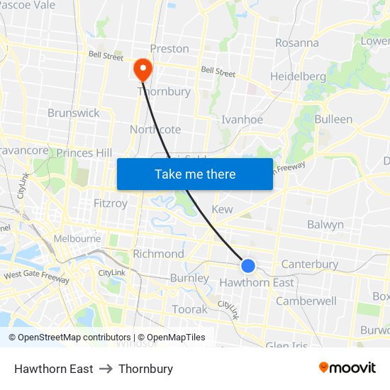 Hawthorn East to Thornbury map