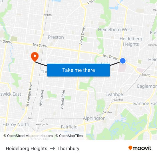 Heidelberg Heights to Thornbury map