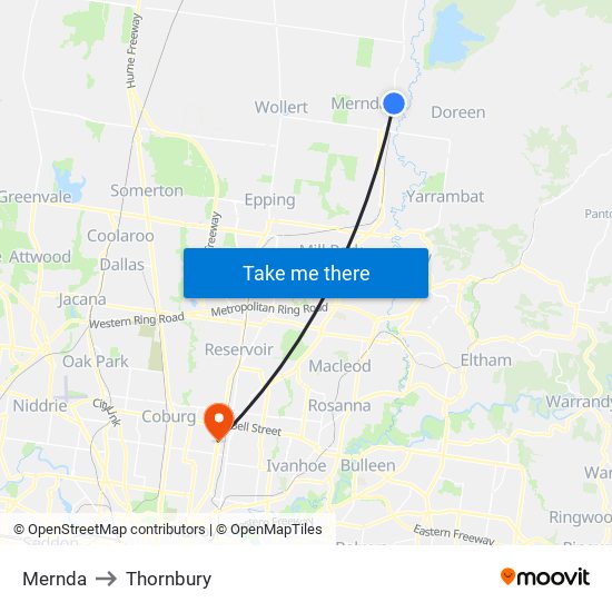 Mernda to Thornbury map