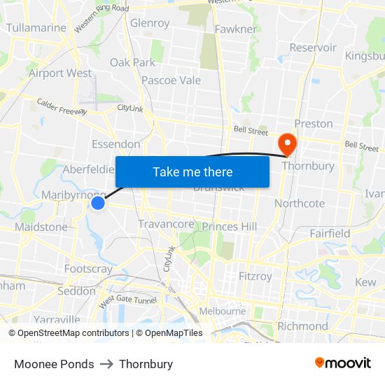 Moonee Ponds to Thornbury map