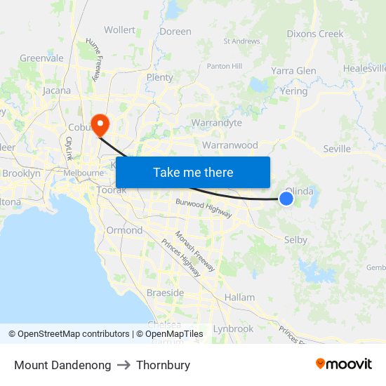 Mount Dandenong to Thornbury map