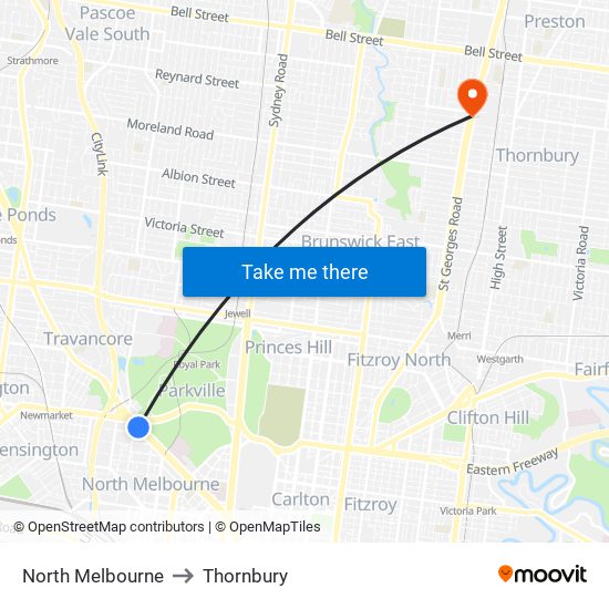 North Melbourne to Thornbury map
