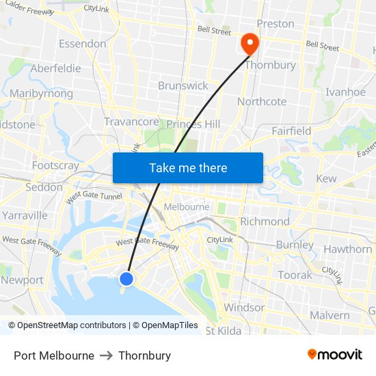 Port Melbourne to Thornbury map