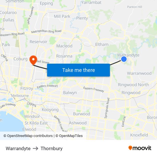 Warrandyte to Thornbury map