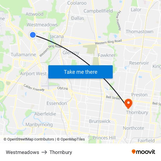 Westmeadows to Thornbury map