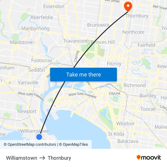 Williamstown to Thornbury map