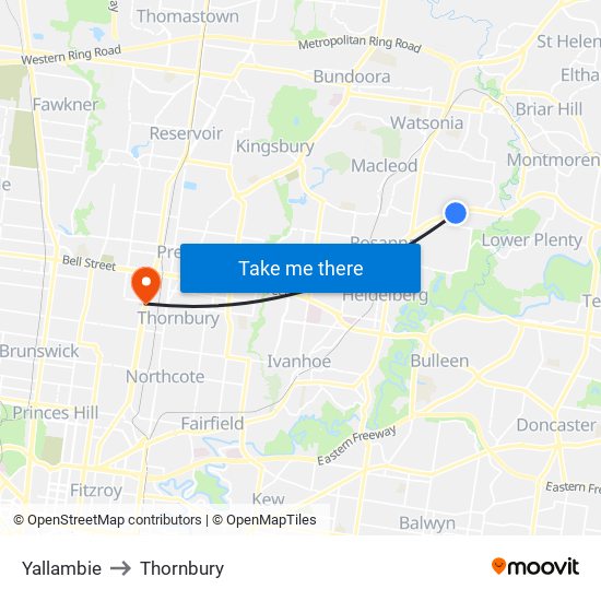 Yallambie to Thornbury map