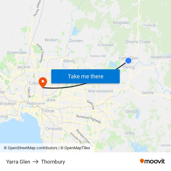 Yarra Glen to Thornbury map