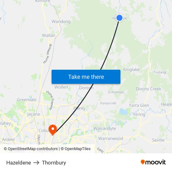 Hazeldene to Thornbury map
