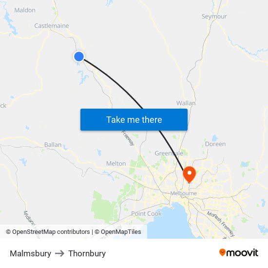 Malmsbury to Thornbury map