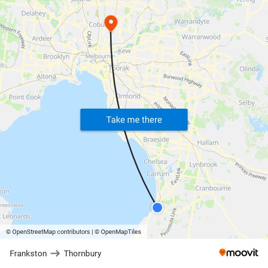 Frankston to Thornbury map
