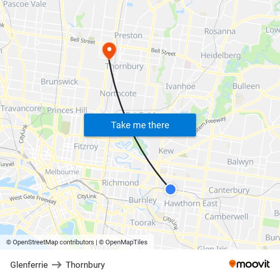 Glenferrie to Thornbury map