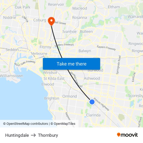 Huntingdale to Thornbury map