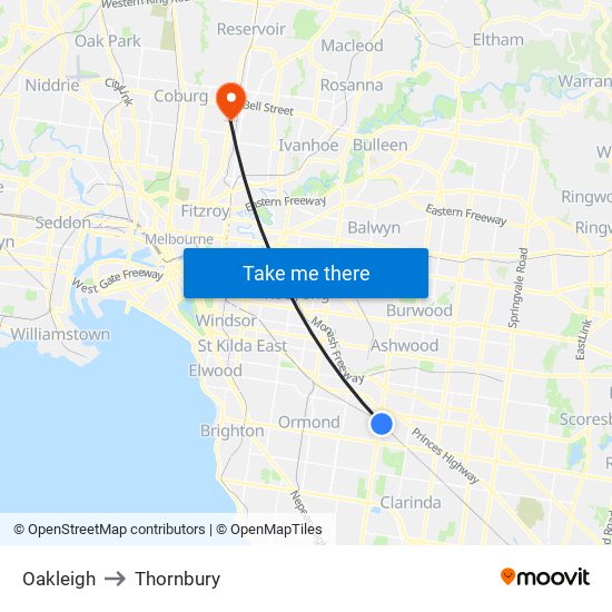 Oakleigh to Thornbury map