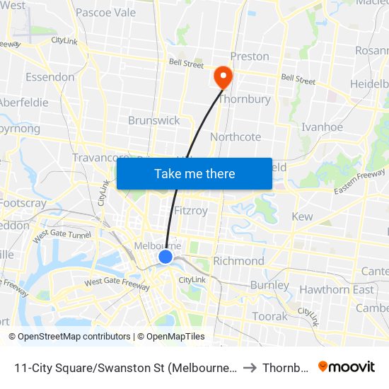 11-City Square/Swanston St (Melbourne City) to Thornbury map