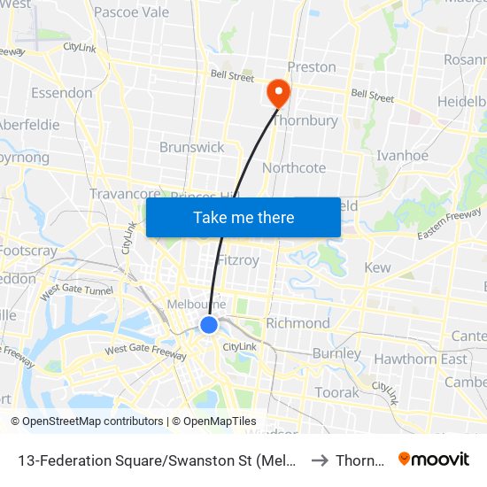 13-Federation Square/Swanston St (Melbourne City) to Thornbury map